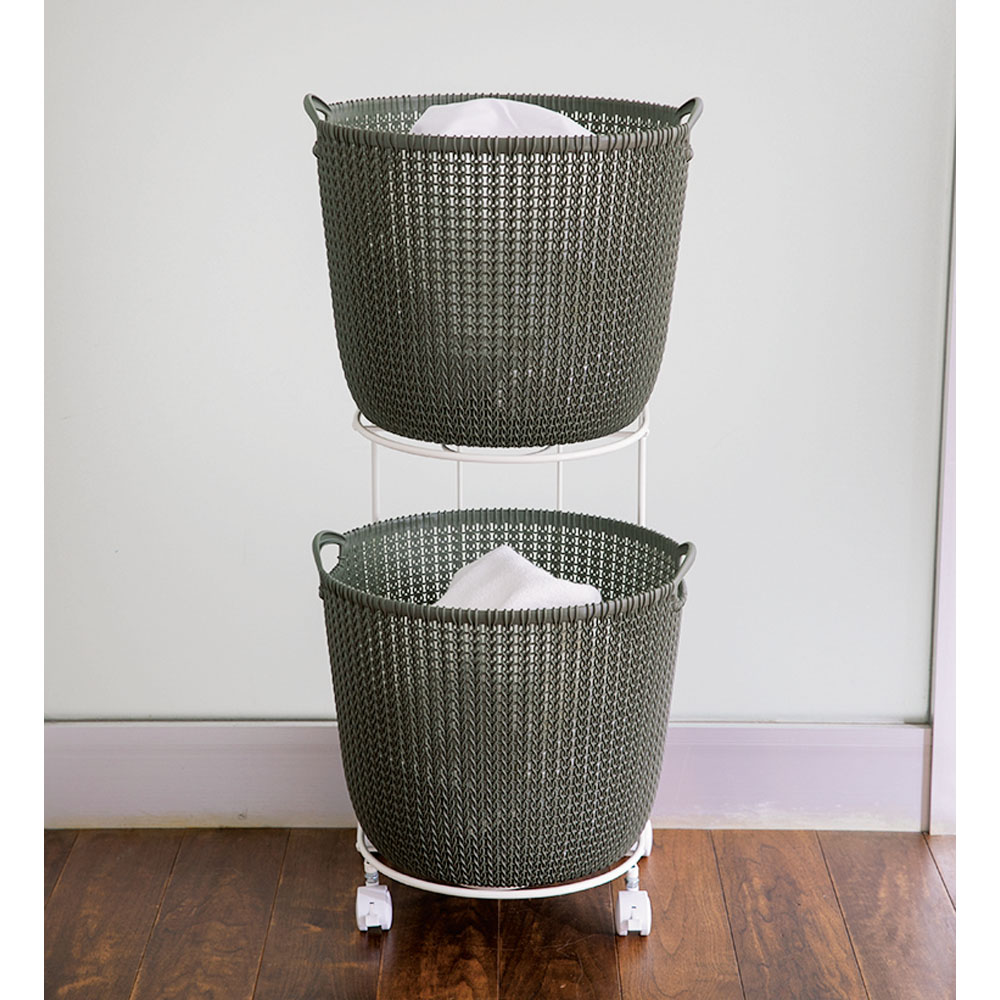 CURVER/カーバー ニット調ランドリーワゴン＋バスケットセット（ラウンド用ワゴン2段＋ラウンドタイプ×2個） ランドリー 洗濯かご トイレ 洗面所 ランドリー収納 581704