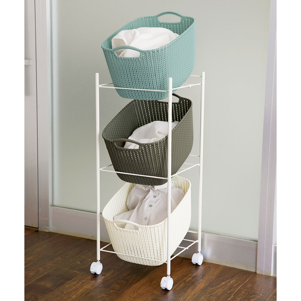 ≪3段≫ カーバー ニット調ランドリーワゴン＋バスケットセット スクエアタイプ ランドリー 洗濯かご トイレ 洗面所 ランドリー収納 581771