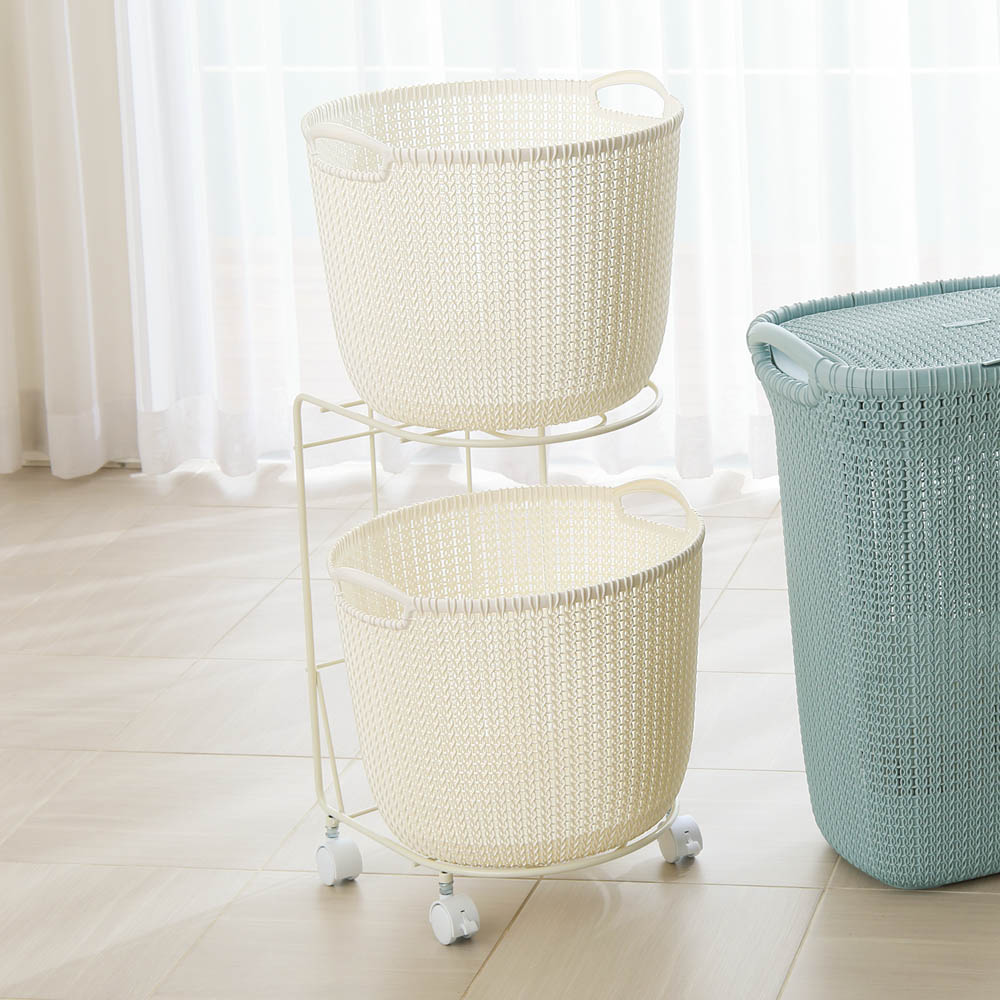 CURVER/カーバー ニット調ランドリーワゴン＋バスケットセット（ラウンド用ワゴン2段＋ラウンドタイプ×2個） ランドリー 洗濯かご トイレ 洗面所 ランドリー収納 581704