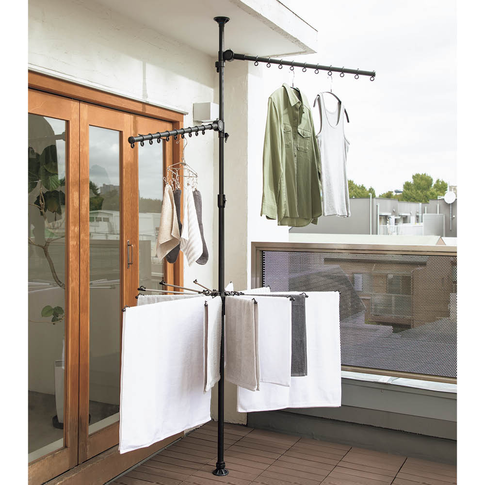 「どこでもポール」ワンタッチつっぱり物干し アーム 2本＋伸縮タオルハンガー（内外兼用）ブラック 布団干し 洗濯用品 物干し 621807