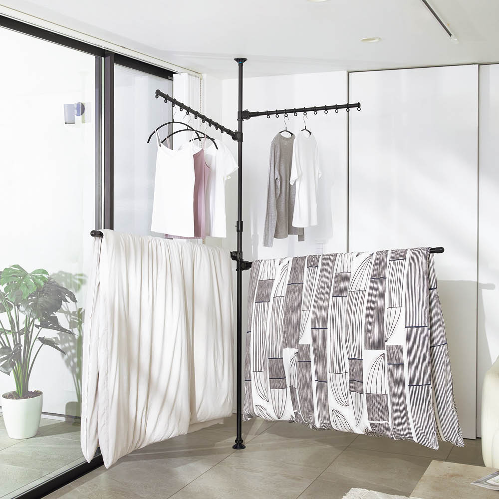 「どこでもポール」ワンタッチつっぱり物干し アーム 2本＋布団干し 2本（室内用）ブラック 布団干し 洗濯用品 物干し 621809