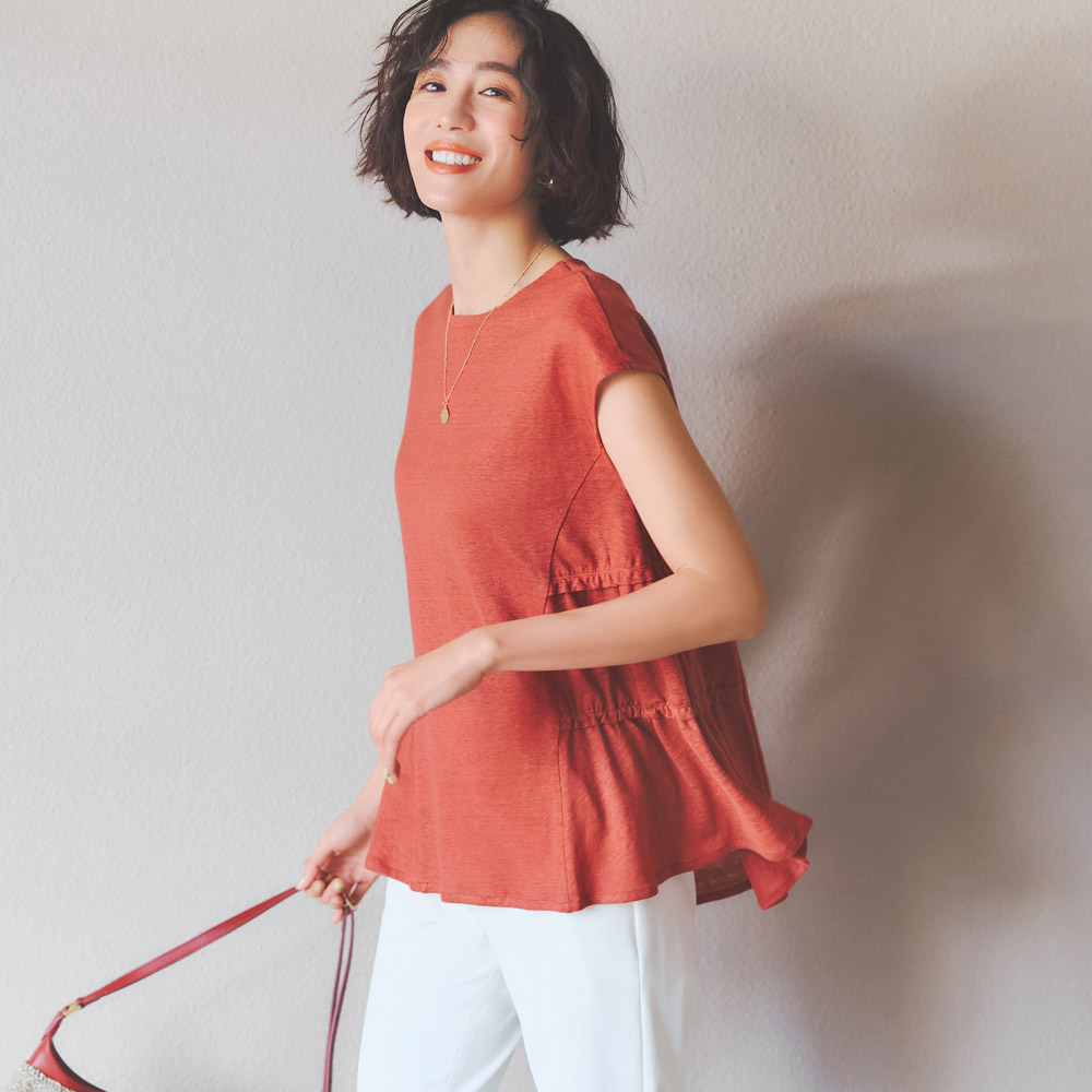 テラコッタカラー ペプラム ブラウス カットソー 土色 つたわっ 大人  