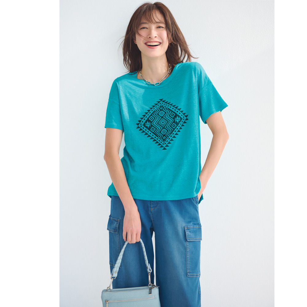 速乾 接触冷感 リネン100％ 刺しゅう ジャージー プルオーバー トップス プリント 柄トップス 369806 速乾 接触冷感 リネン100％ 刺しゅう ジャージー プルオーバー