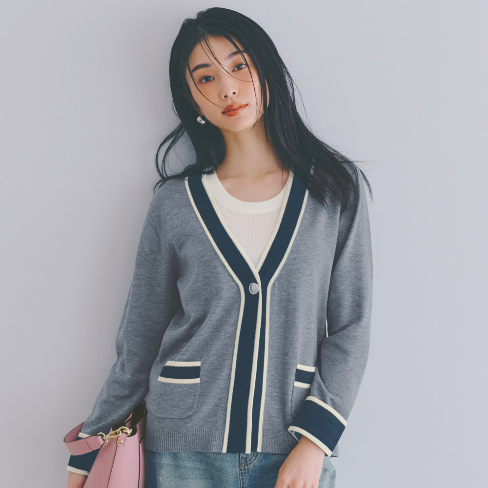 ウール混 配色 Vネック ニットカーディガン ニットカーディガン ニット セーター 101601