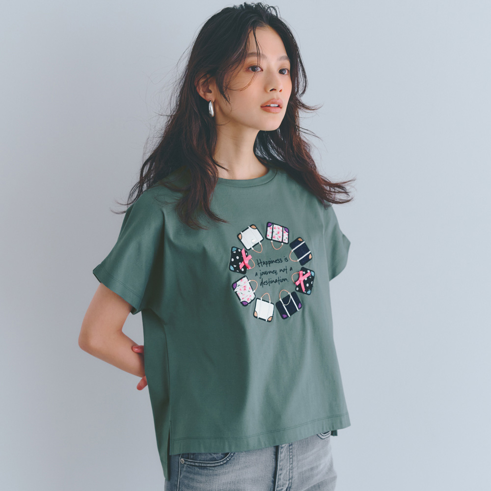 バッグモチーフ パッチワーク刺しゅう Tシャツ(日本製) Tシャツ カットソー 101802