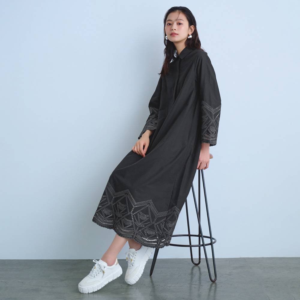 配色 カットワークレース シャツワンピース マキシワンピース ロングワンピース ワンピース 104102