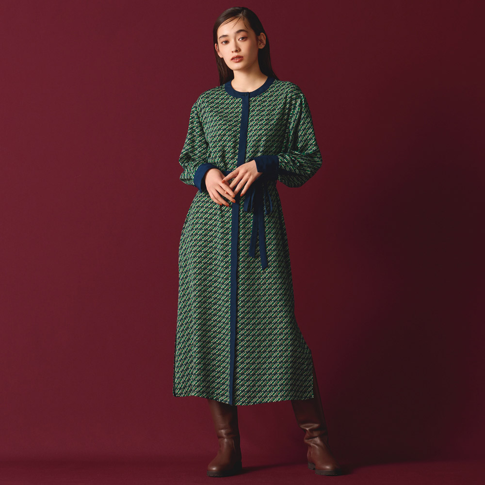 幾何学柄プリント バイカラーワンピース マキシワンピース ロングワンピース ワンピース 119102