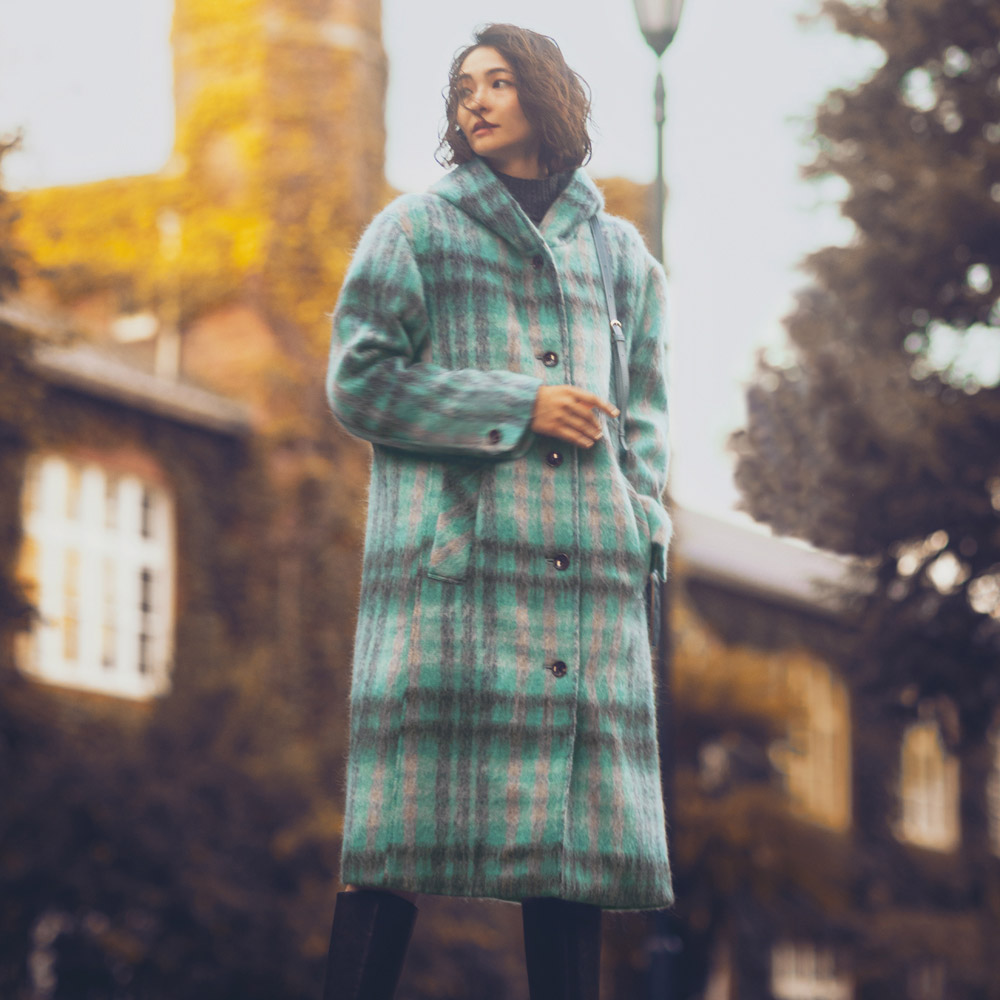 ウールモヘヤ混シャギー チェック フーディコート ロングコート コート 132701