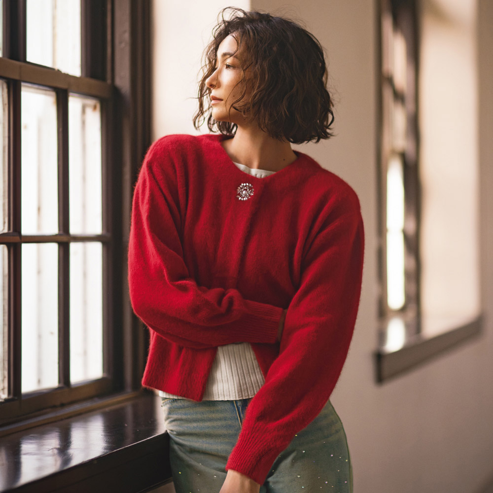 ヘアリーニット ビジューボタン カーディガン ニットカーディガン ニット セーター 132801