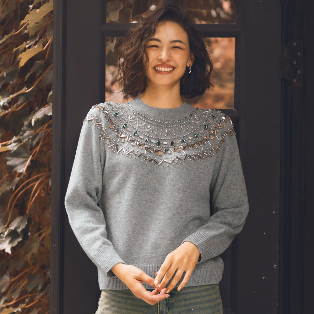 ビジュー使い ウールニット プルオーバー ニットセーター ニット セーター 133002