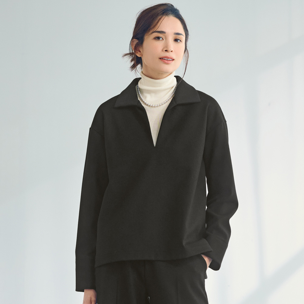 ウール混 圧縮スムース スキッパー トップス シャツ ブラウス 133401