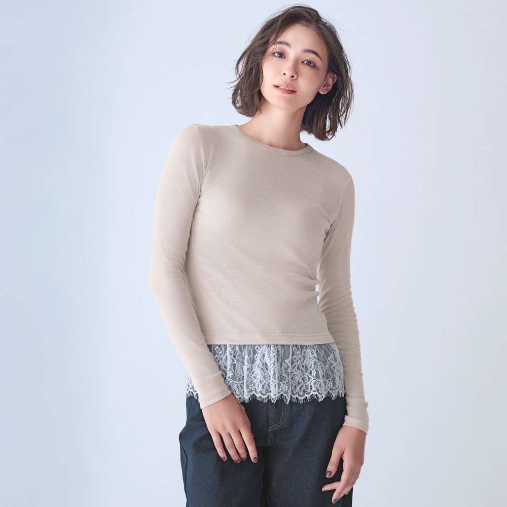 洗える ワクト(TM) 吸湿発熱コットン 裾レース プルオーバー(日本製) 機能性ウェア インナー 雑貨 134601