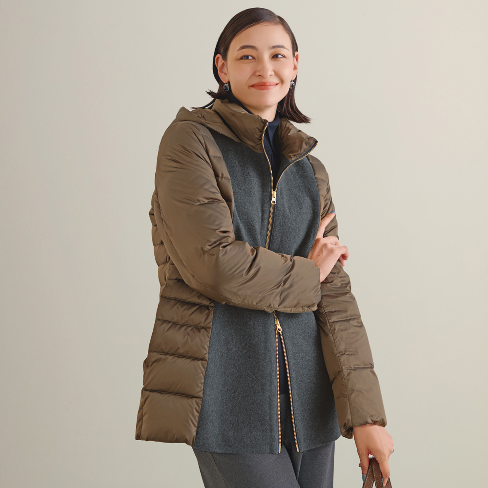 タフタ×ウール切り替え フーディ ダウンジャケット ダウンコート ジャケット ダウンベスト コート 135601