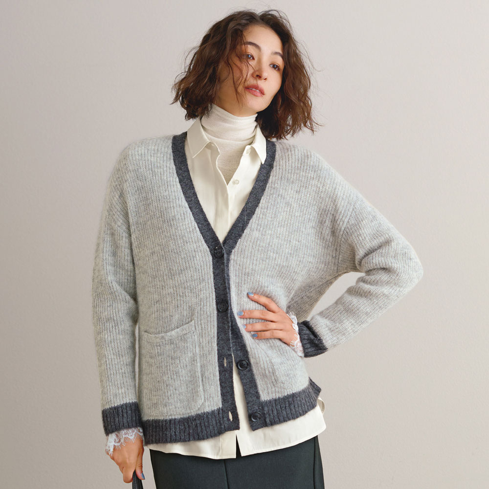 アルパカウール混ニット 片畦編み 配色 カーディガン ニットカーディガン ニット セーター 135701