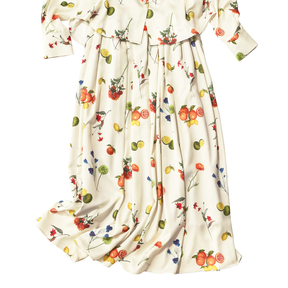 ボタニカルフルーツ サテン タックギャザー スカート プリント 柄スカート スカート 147502