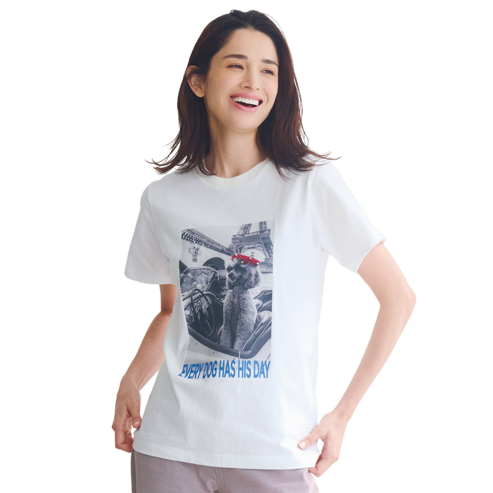 ビジュー付きドッグ フォトプリント Tシャツ プルオーバー シャツ ブラウス 146302