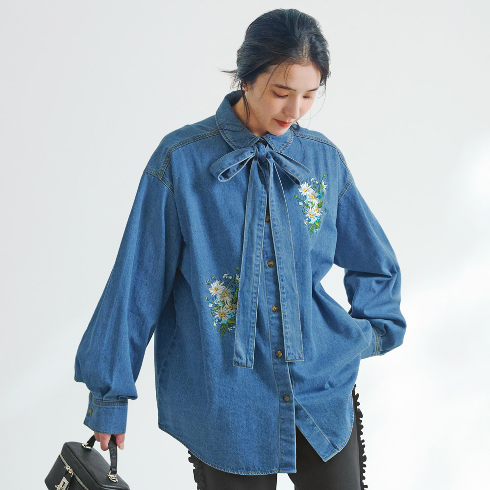 刺しゅう ボウタイ 2ウェイ デニムシャツ シャツ ブラウス 146401