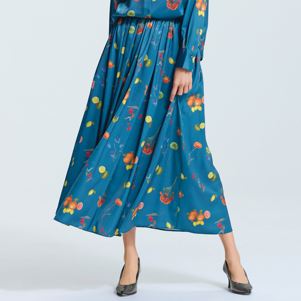 ボタニカルフルーツ サテン タックギャザー スカート プリント 柄スカート スカート 147502