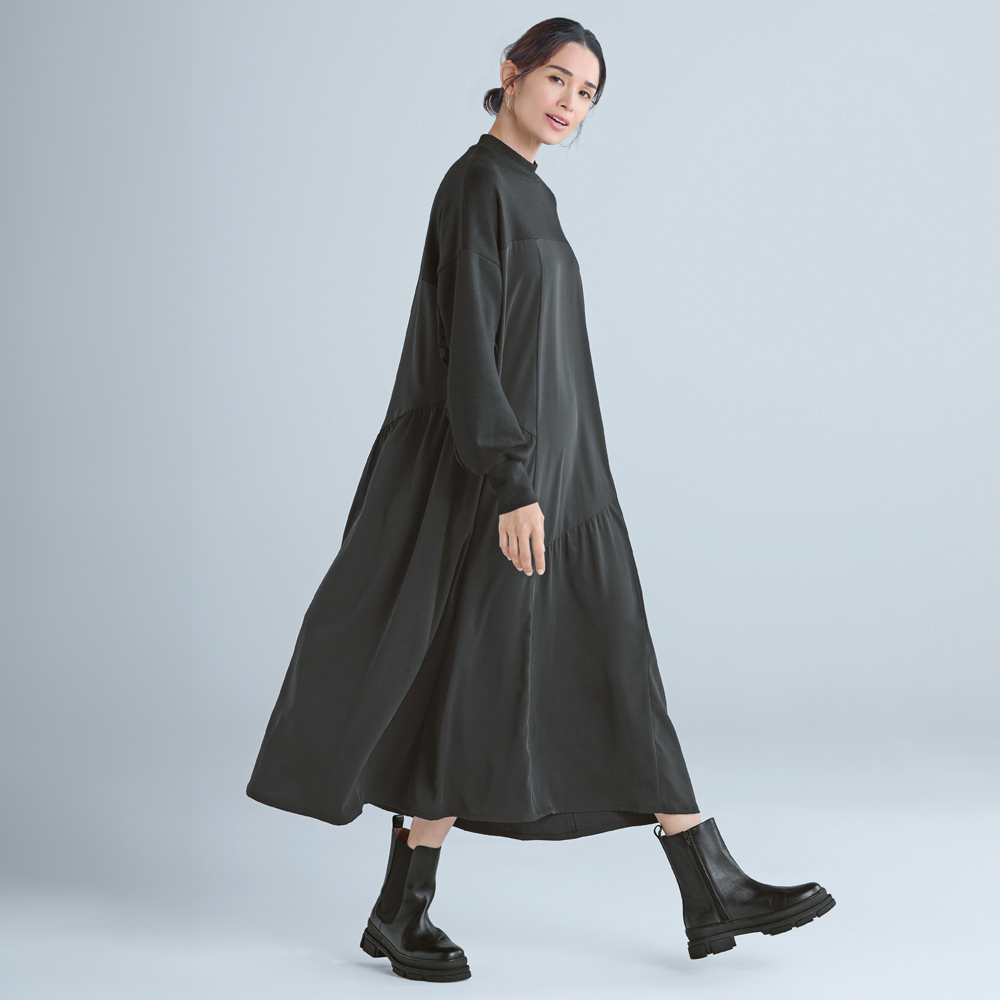 ポンチ×布帛 ドッキング ワンピース ジャージーワンピース ワンピース 149001