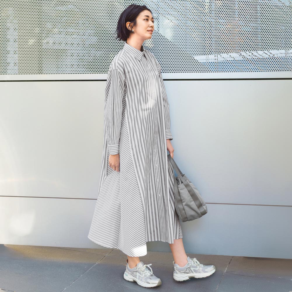 ストライプコンビ フレアシャツワンピース シャツ ブラウス 173002