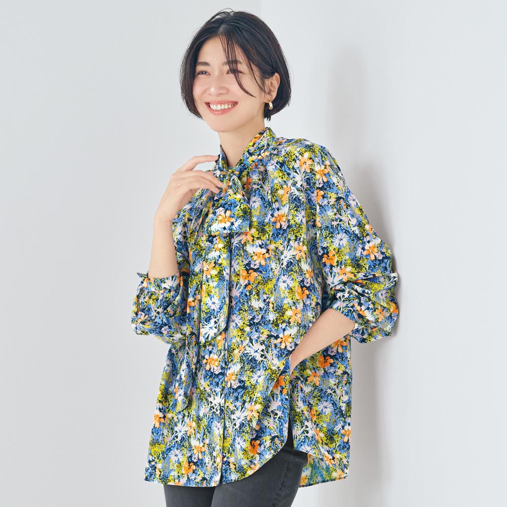 2ウェイボウタイ 水彩調プリントブラウス プルオーバー シャツ ブラウス 173601