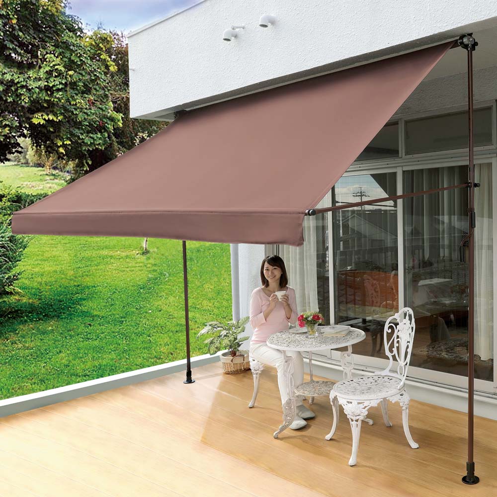 物干し竿＆目隠し前幕付き 突っ張りオーニング 本体幅303cm 日除けシェード ガーデンパラソル G85952