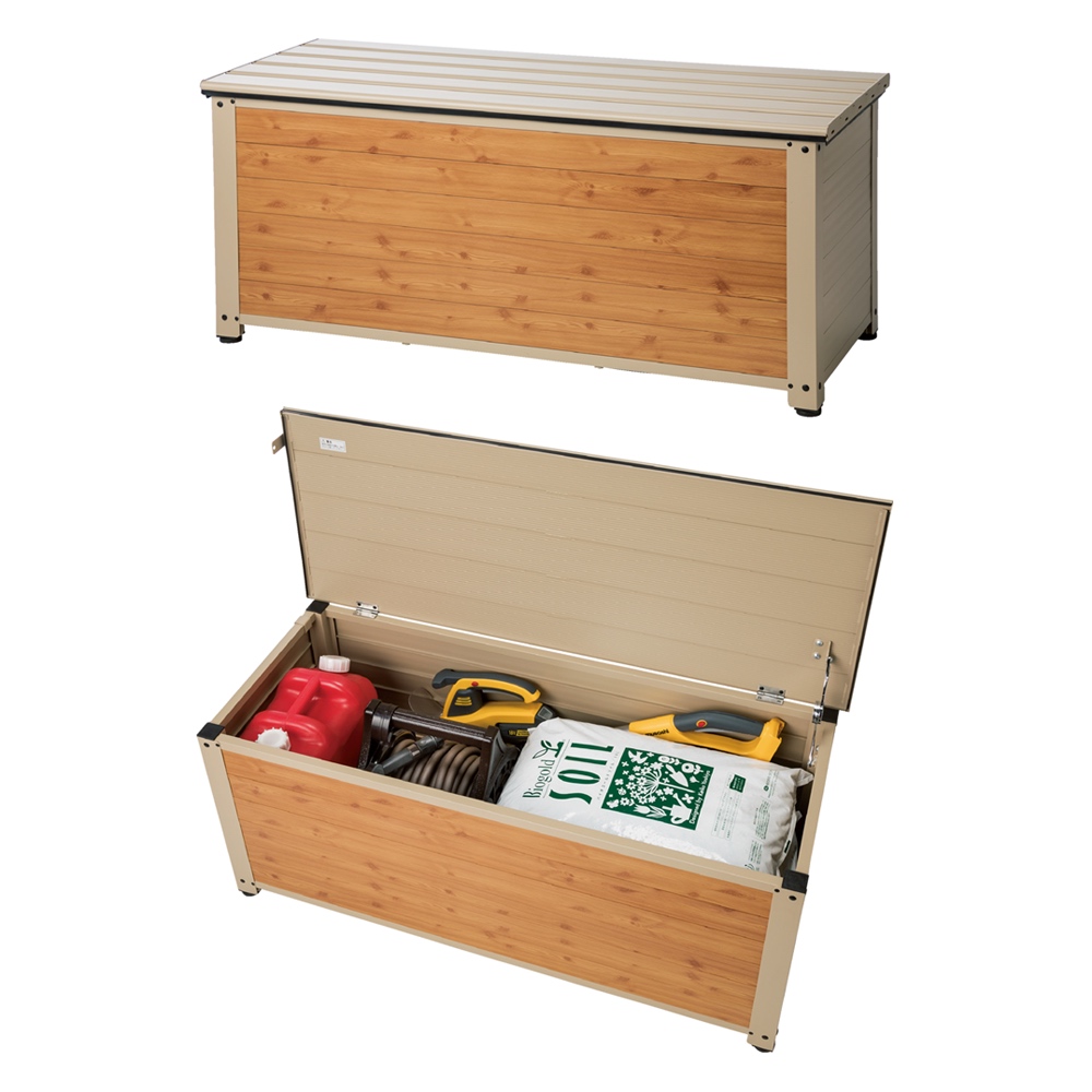 木目調グレージュストッカー 深型ベンチ 幅114cm ガーデンチェア ベンチ ガーデンファニチャー G87704