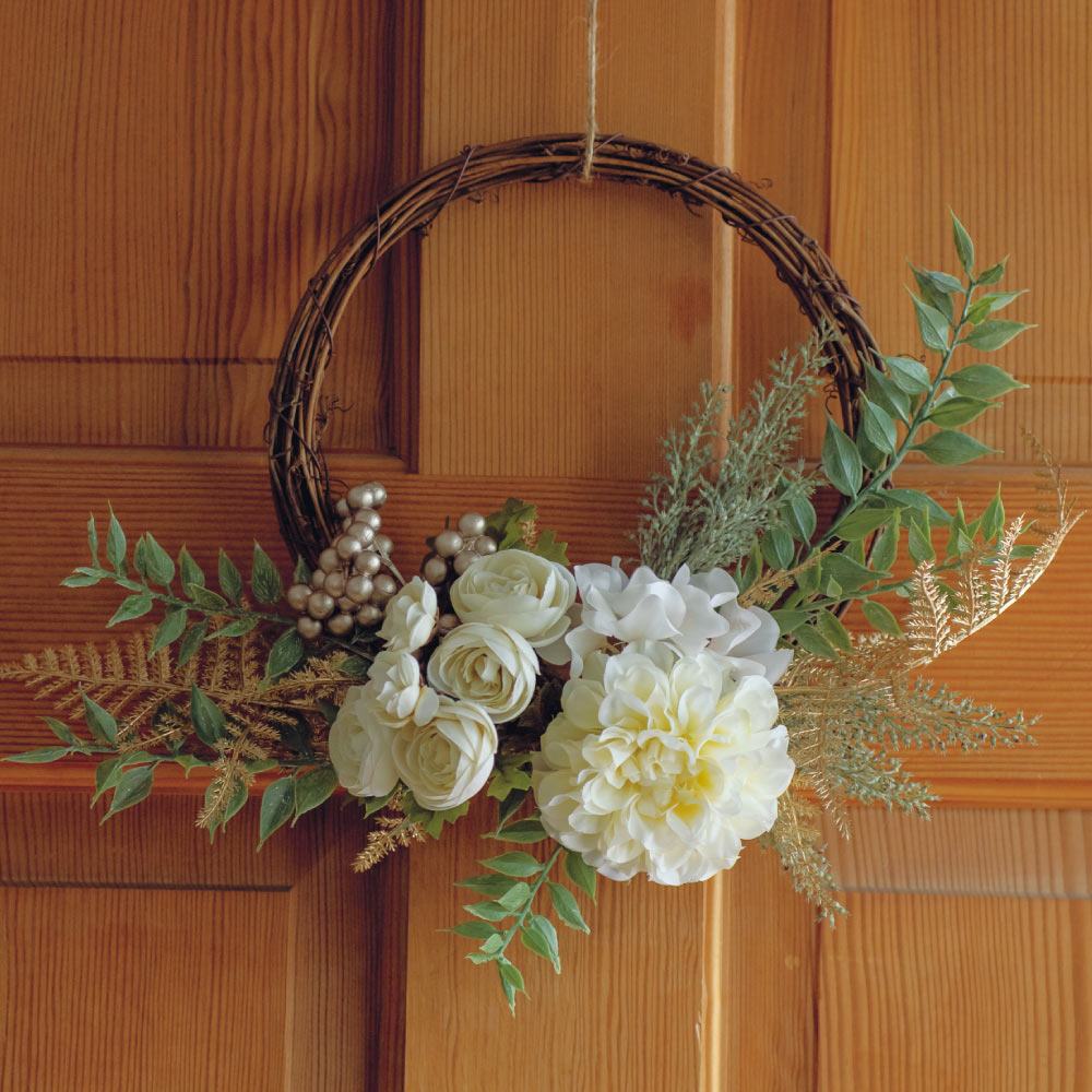 ホワイト＆ゴールドのエレガントリース アートフラワー 造花 インテリアグリーン G95675