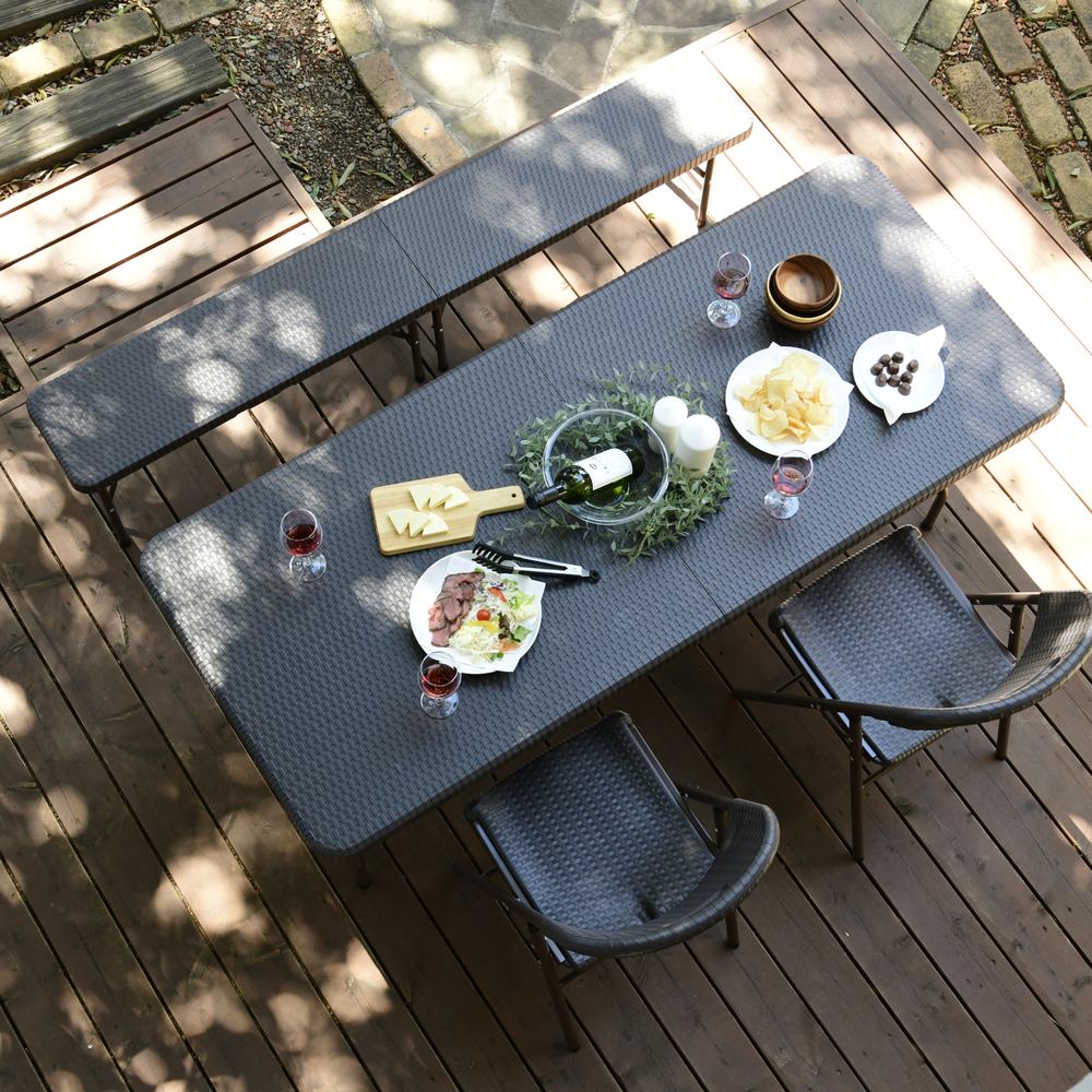 折りたたみ作業台シリーズ ラタン調4点セット（テーブル＋チェア2脚＋ベンチ） ガーデンファニチャーセット ガーデンファニチャー G01236