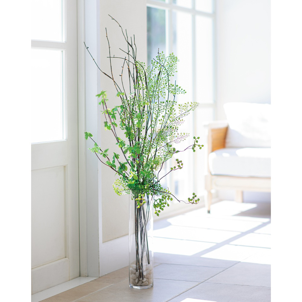 ドウダンツツジのガラスベースアレンジ アートフラワー 造花 インテリアグリーン G03117