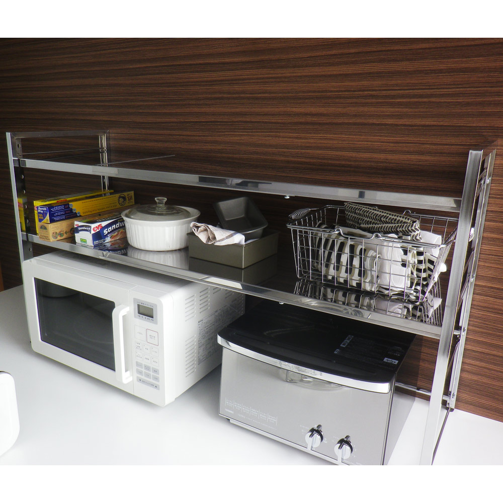 【Jom 】送料無料　定価2万　キッチン　収納　伸縮天板　頑丈ステンレス 調理家電が置ける頑丈ステンレス伸縮天板ラック 2段ワイドタイプ