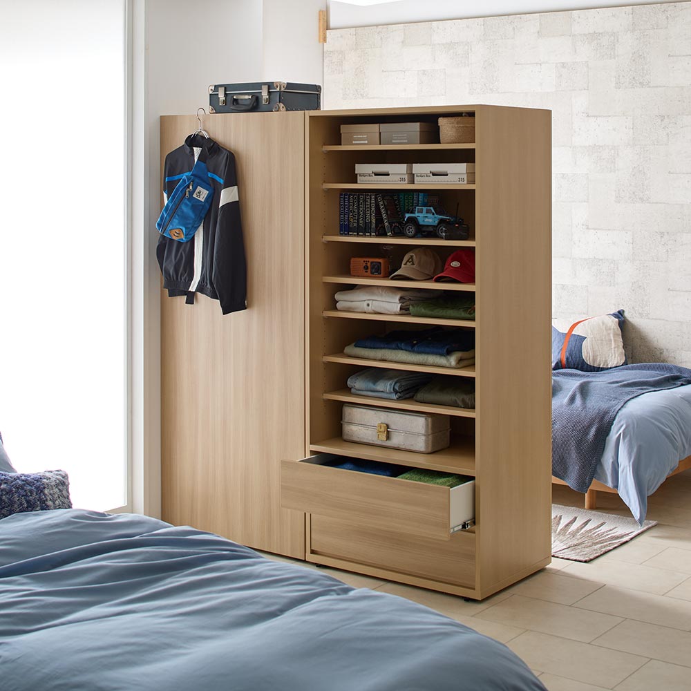 間仕切りワードローブ 棚引出 ミラー 幅80.5cm パーテーション 間仕切り リビング収納 H75924