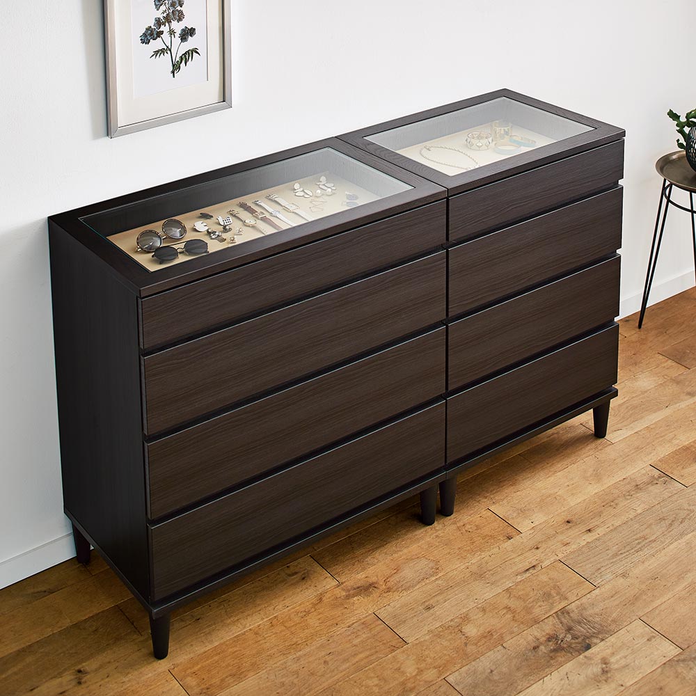 ジュエリーBOX、アクセサリーBOX、チェスト 北欧ジュエリー収納付チェスト ロータイプ 幅80cm・4段（高さ