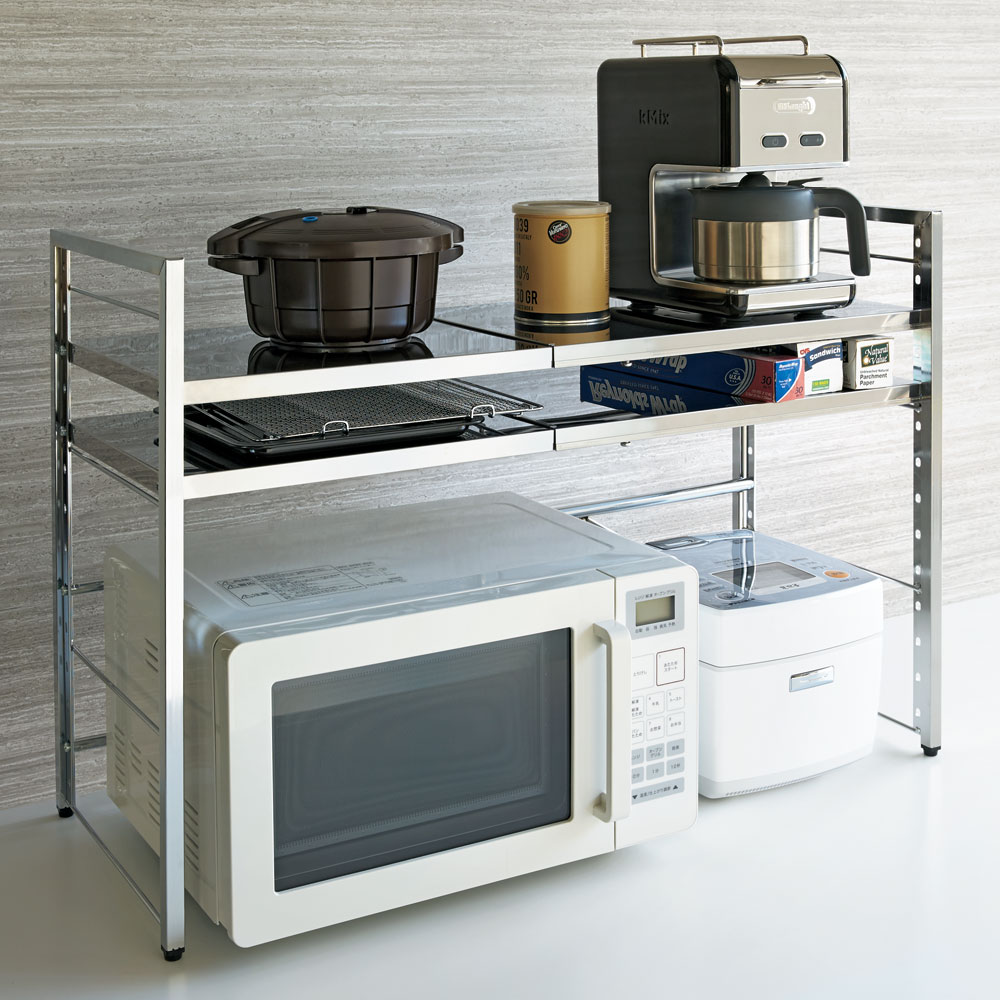 【Jom 】送料無料　定価2万　キッチン　収納　伸縮天板　頑丈ステンレス 調理家電が置ける頑丈ステンレス伸縮天板ラック 2段タイプ 通販