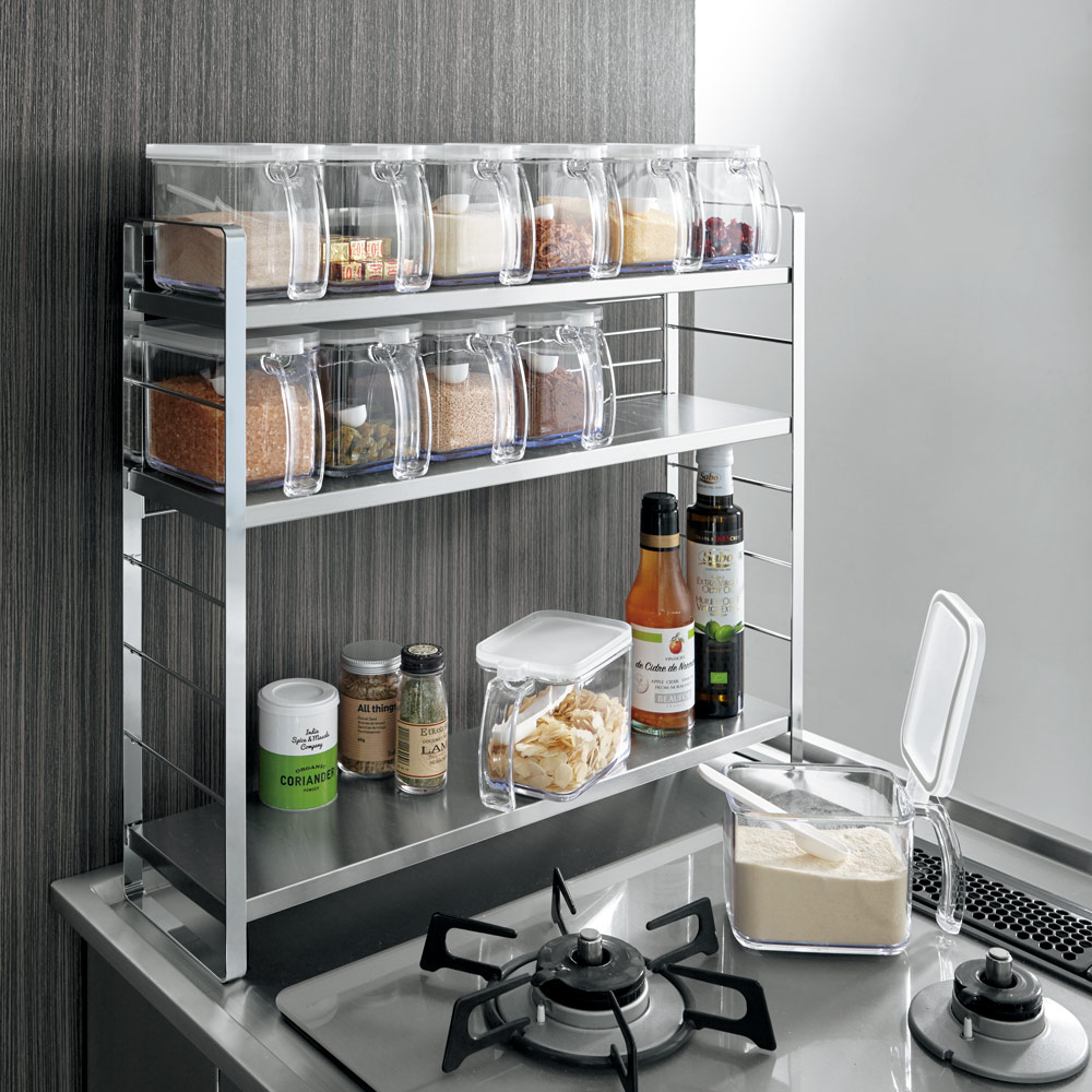 コンロ脇で使えるステンレス棚スパイスラック（調味料ポット6個付き