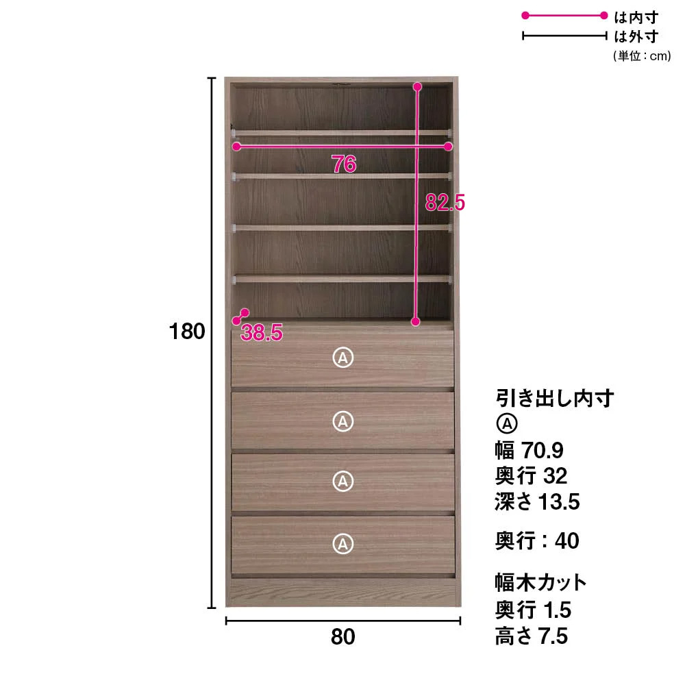 Vises/ヴィセス オープンワードローブ 幅80cm 棚＆引き出し ワードローブ クローゼット 衣類収納 H95508