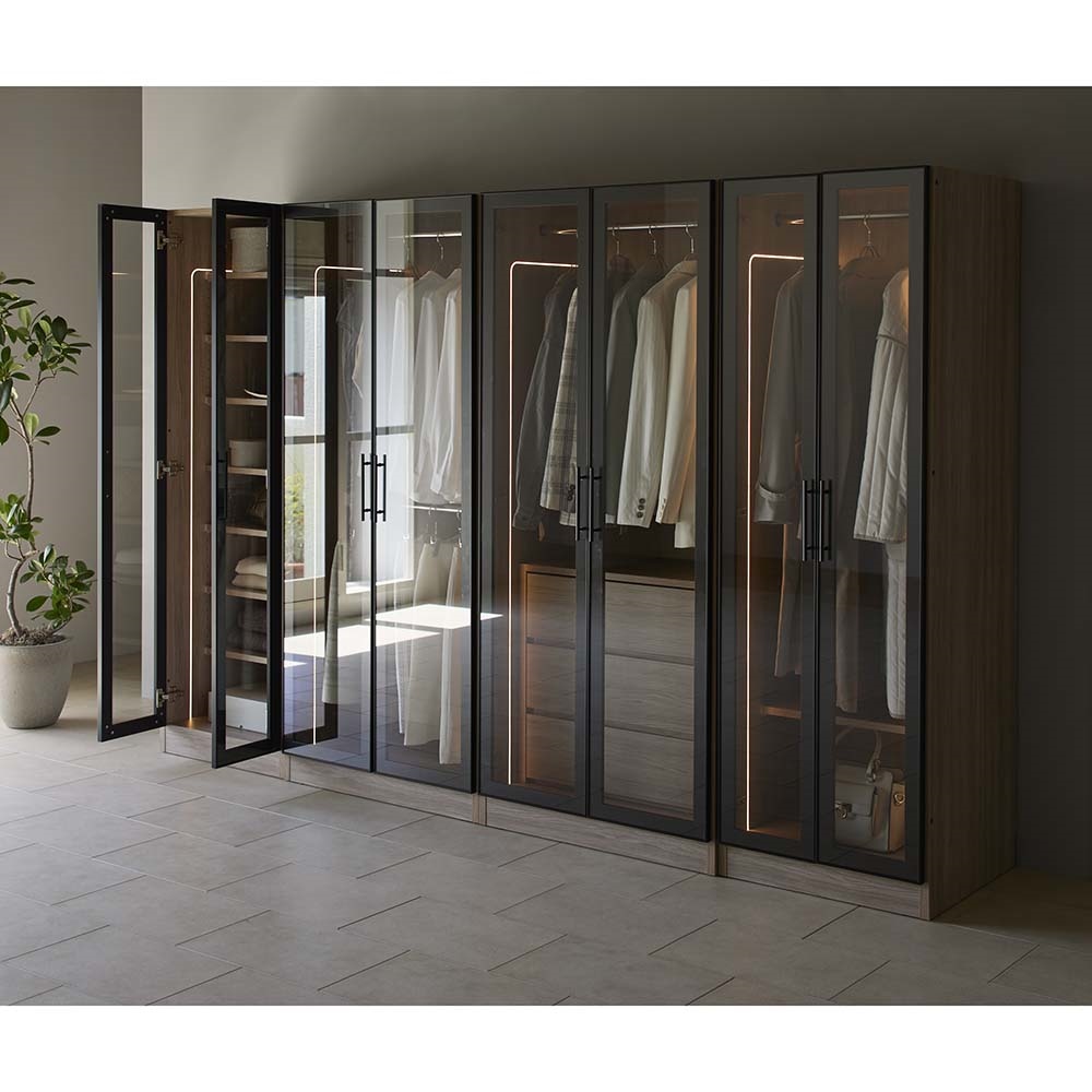 ≪幅58.5cm高さ180cm≫ Nest/ネスト LED照明付き ガラスワードローブ ハンガー&棚 ワードローブ クローゼット 衣類収納 H05103