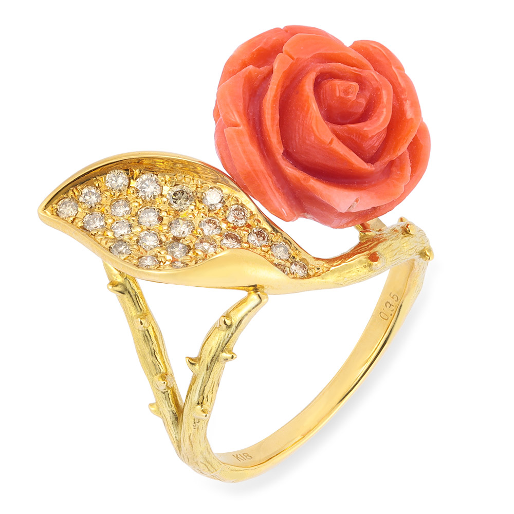 K18 地中海珊瑚・ブラウンダイヤ リング 水牛 べっ甲 珊瑚 ジュエリー アクセサリー J73106