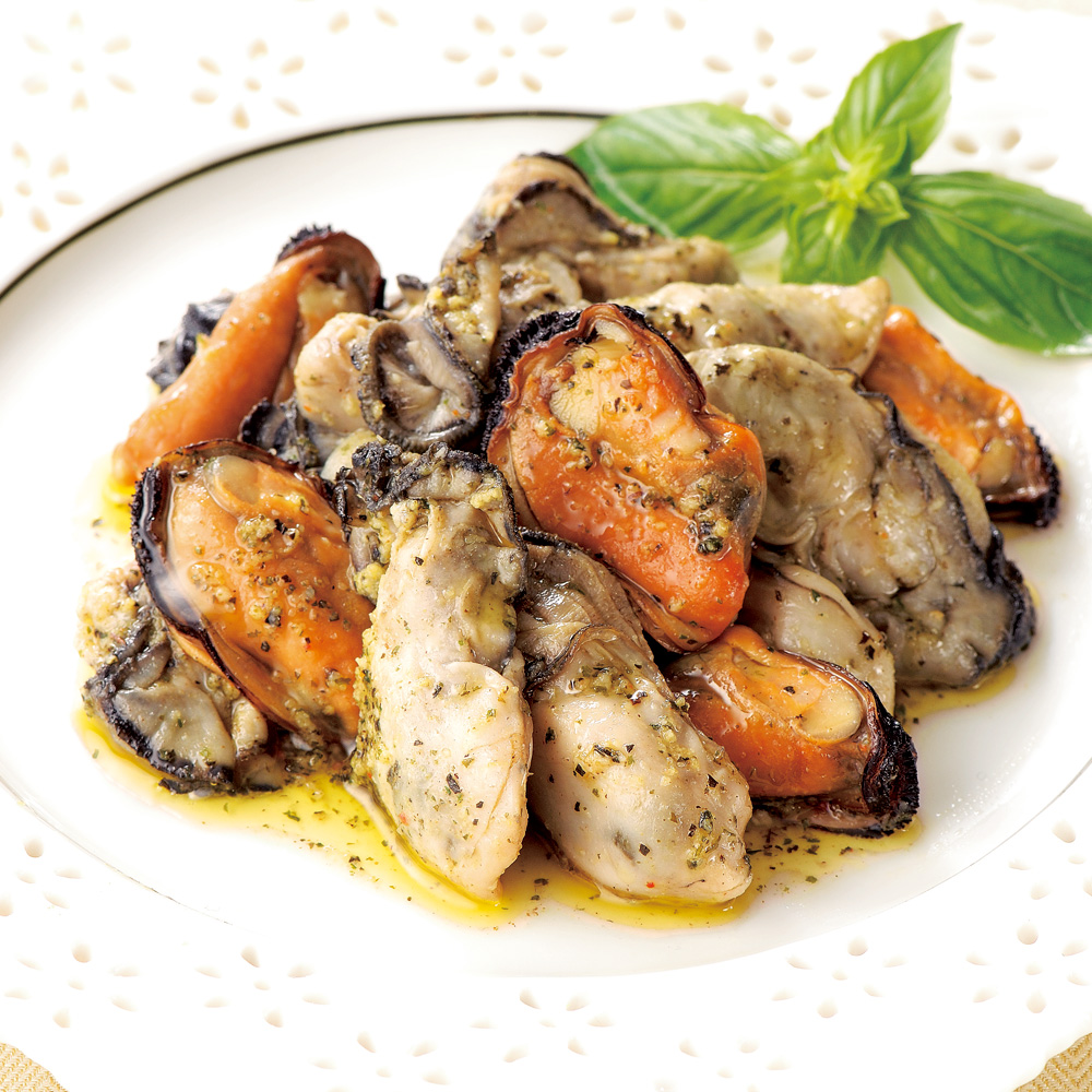 三陸産 かきとムール貝のオリーブオイル漬 （150g×4瓶） 魚 海産加工品 海産物 FJ0438