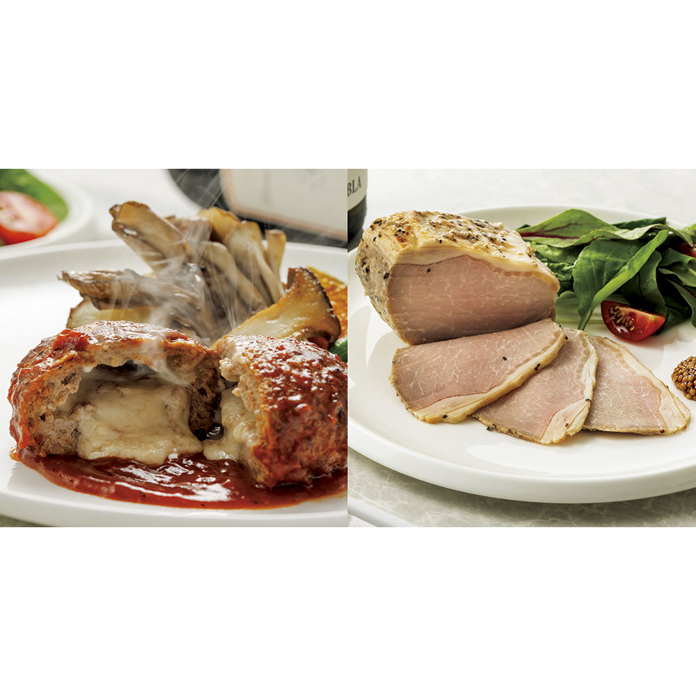 【お試し】有名シェフ監修グルメ頒布会 4月お届け「ラ・ルッチョラ」鈴木浩治監修 神戸牛入りトマトチーズインハンバーグ４袋とローストポーク２袋 肉加工品 肉 卵 乳製品 FJ0523