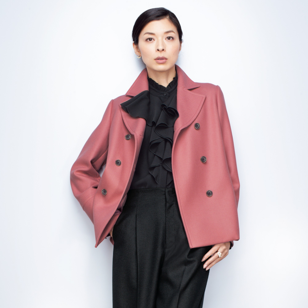 Elegant wool jersey coat in an Italian wool--blend fabric