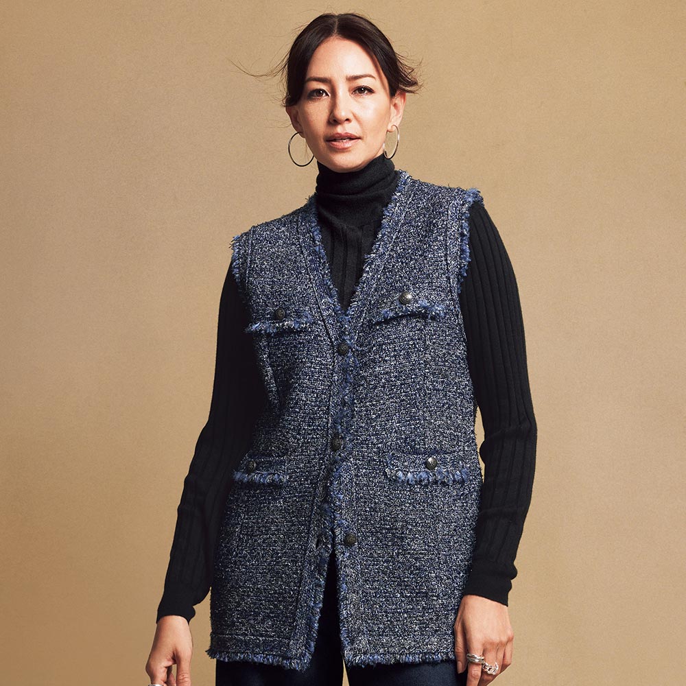 シルクウール混 ファンシーヤーン ツイードニット ロングジレ 通販  