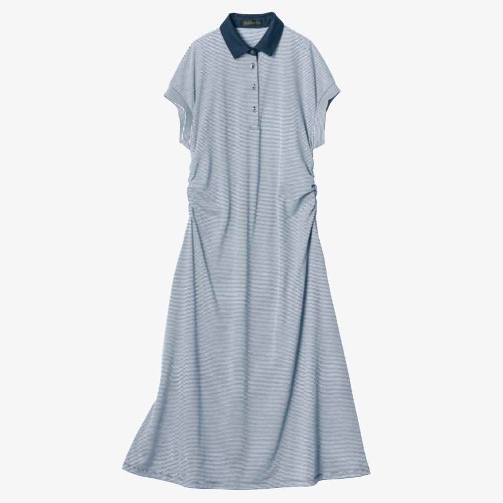 配色ポロ襟ボーダーワンピ―ス マキシワンピース ロングワンピース ワンピース 383201