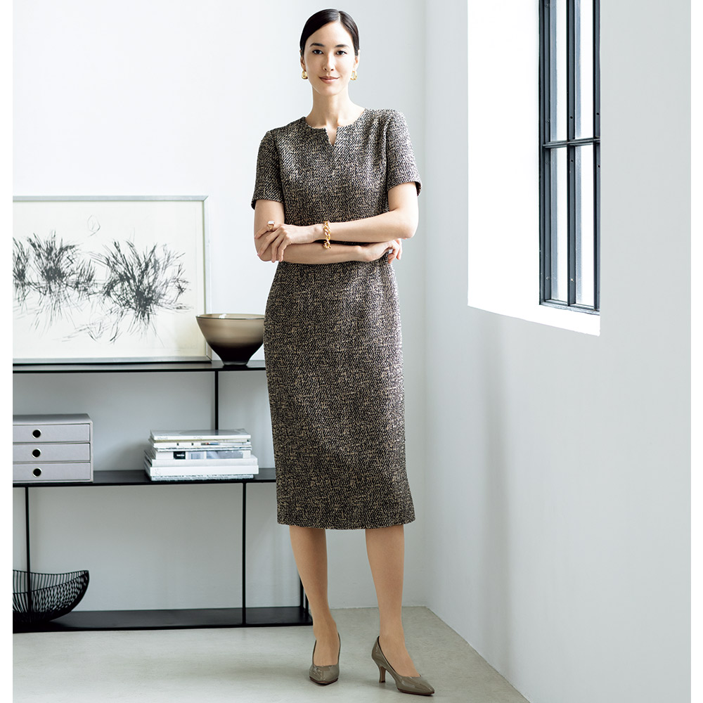 イタリアツイード素材 キーネック ワンピース フォーマルワンピース ワンピース 107101