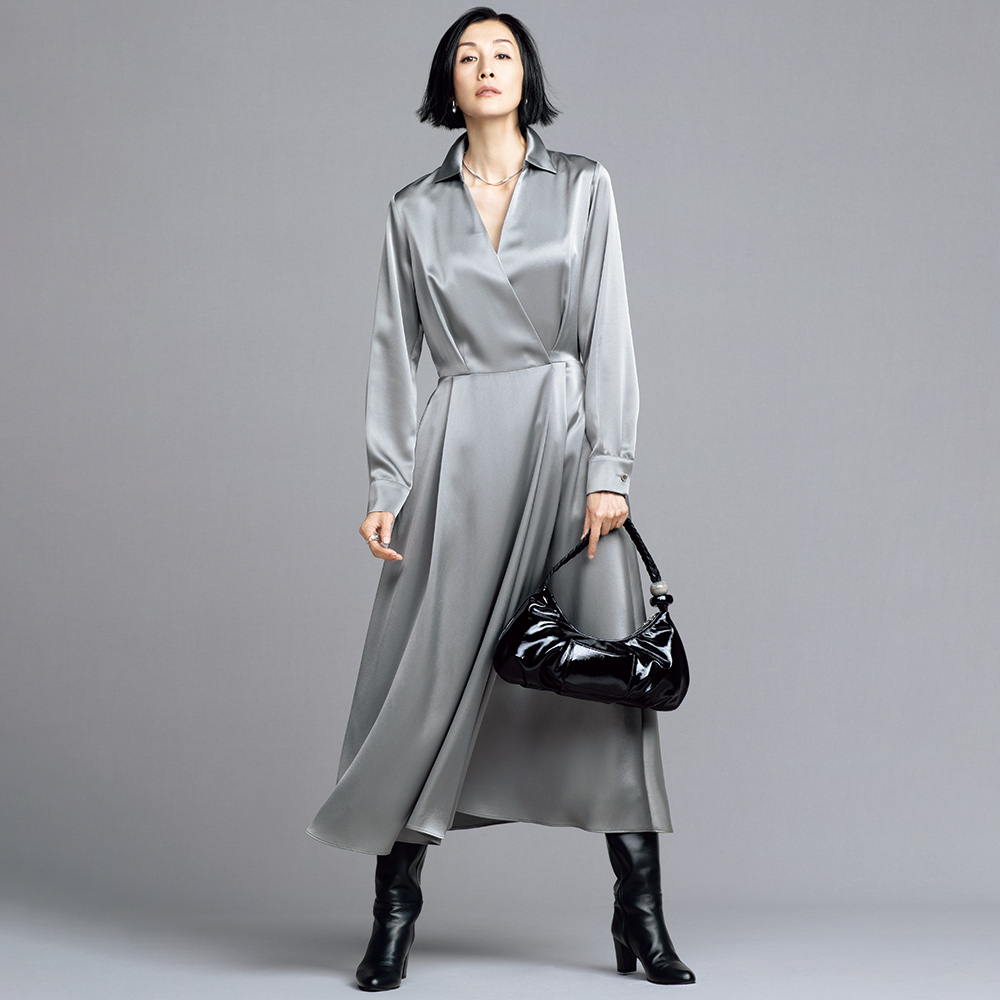 トリアセテート混 サテン カシュクール風 ワンピース マキシワンピース ロングワンピース ワンピース 108201