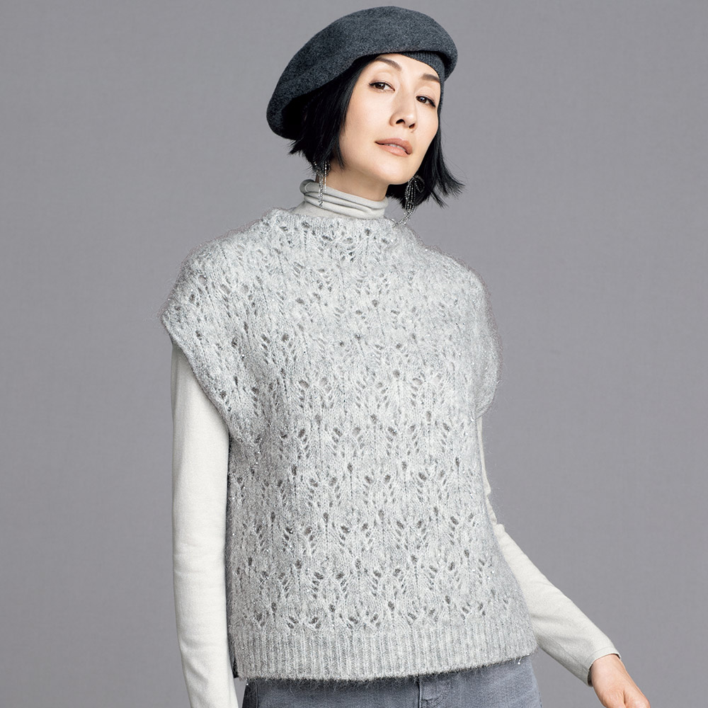 スパンコール入り キッドモヘヤ 透かし編み ジレ ベスト ジレ ジャケット 108501