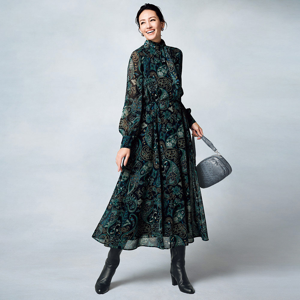 エリカ社 ペイズリー柄プリント ボウタイ ワンピース マキシワンピース ロングワンピース ワンピース 109702