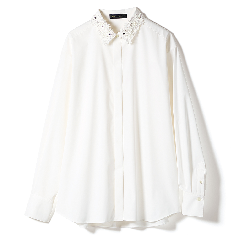 フラワーモチーフ&ビジュー刺しゅう シャツ シャツ ブラウス 109902