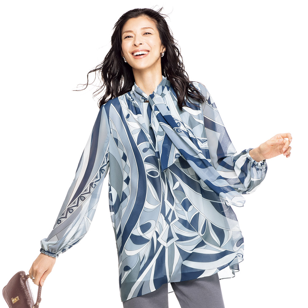 幾何学柄 ボウタイ シフォン チュニック 長袖 七分袖チュニック チュニック 110002