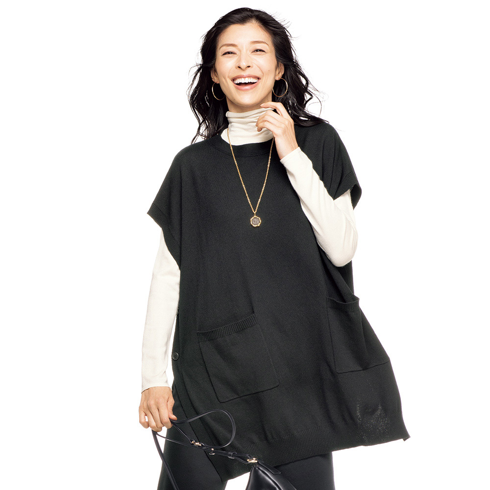 ポケットデザイン ウールニット チュニックジレ 半袖 ノースリーブチュニック チュニック 110201